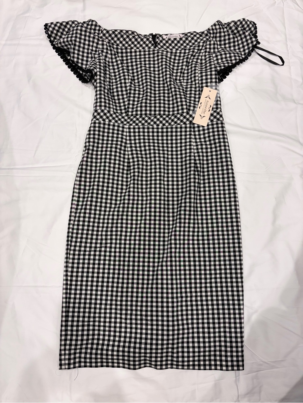 Nanette Lepore Black and White Gingham Off-Shoulder Dress